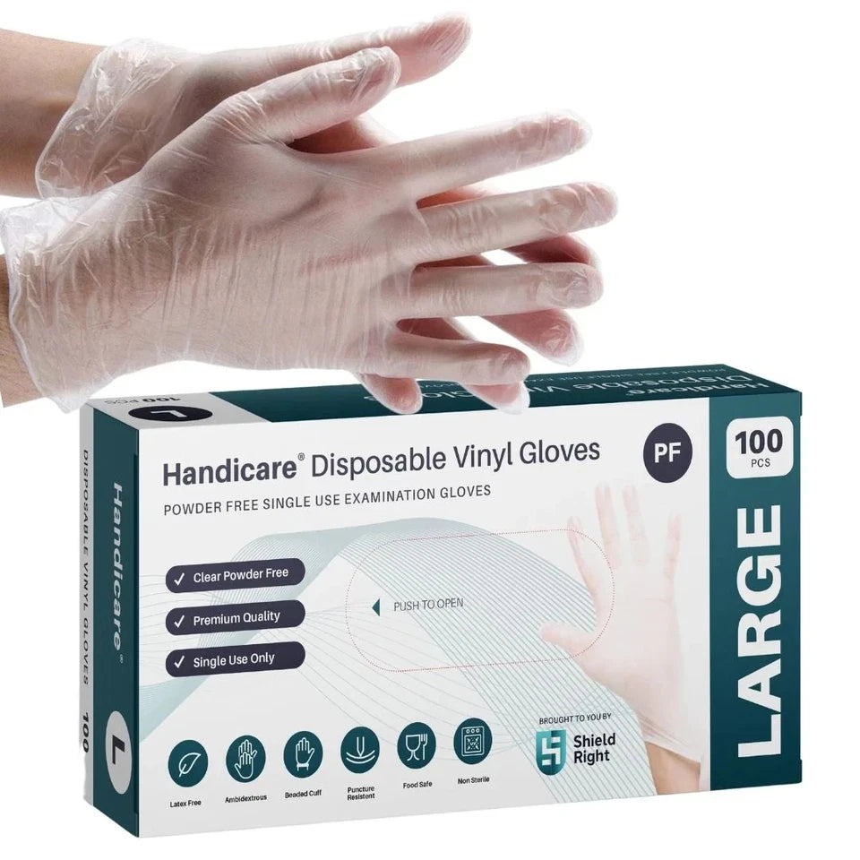 1000pcs | Large | Handicare Clear Vinyl Exam Gloves | Powder-free, Food Safe
