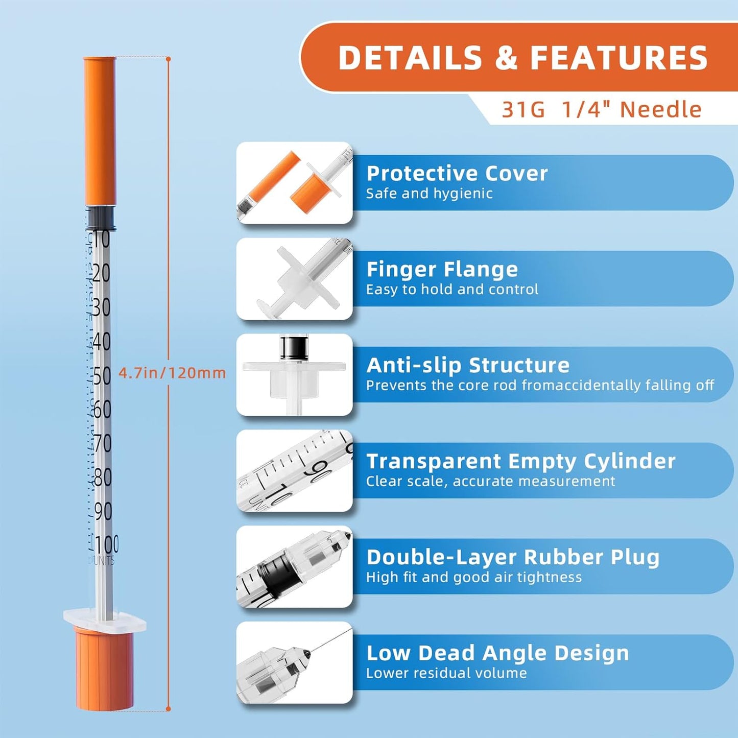 U-100 1ml/cc Disposable Syringes with 31G 1/4 Inch (6mm) Needles – Leak-Proof, Individually Wrapped, Lab Measuring & Liquid Dispensing Supplies, Pack of 100