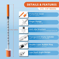 U-100 1ml/cc Disposable Syringes with 31G 1/4 Inch (6mm) Needles – Leak-Proof, Individually Wrapped, Lab Measuring & Liquid Dispensing Supplies, Pack of 100