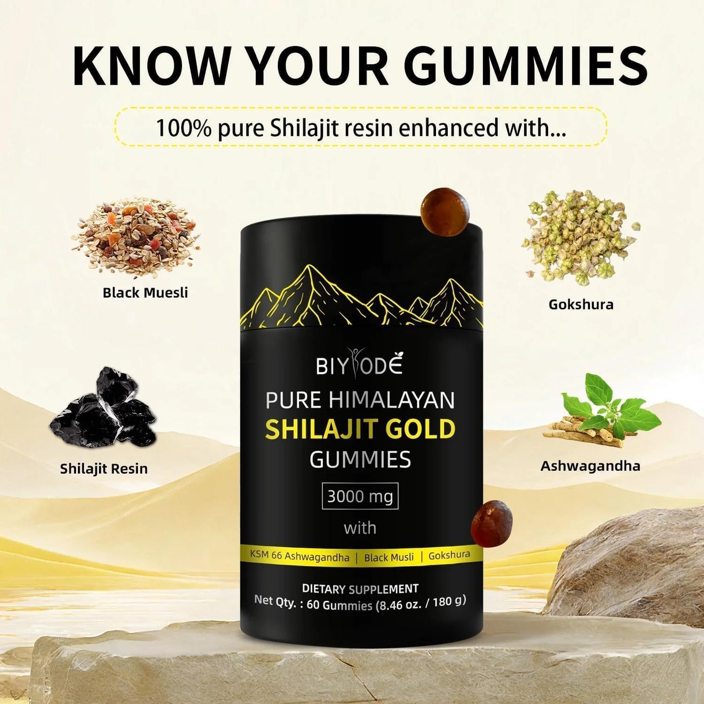 60 Count Pure Himalayan Shilajit Gummies Gold | Lab Tested Shilajit Gummies for Men & Women