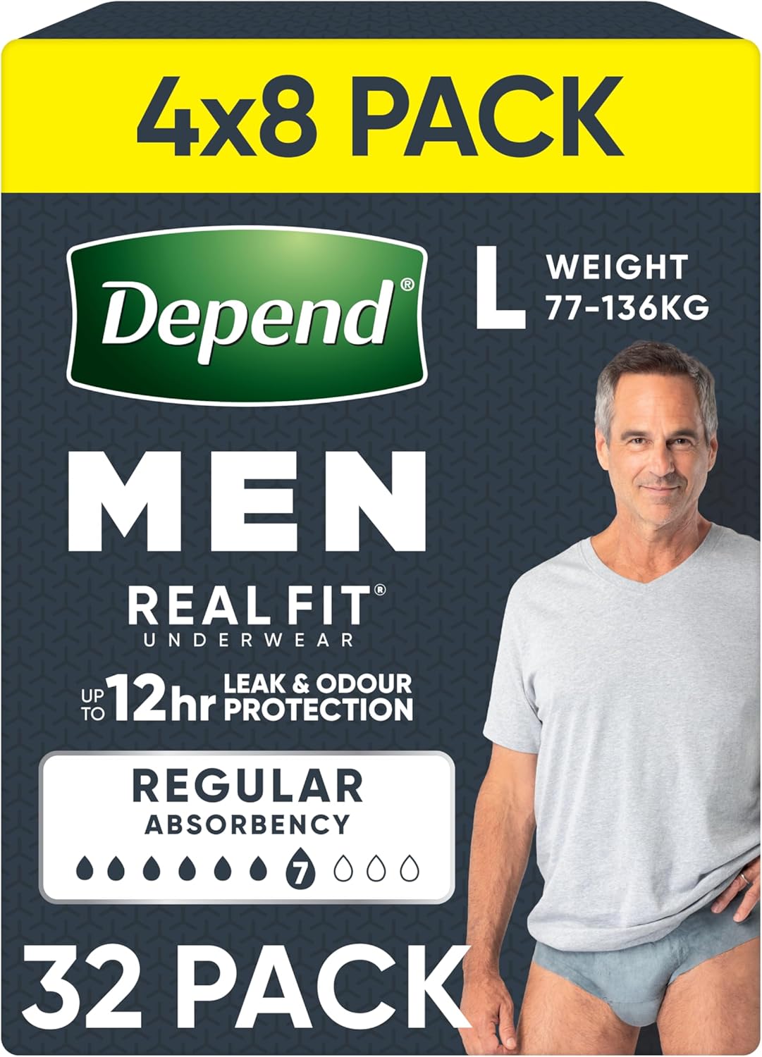 32 Count (4 x 8 Pack)  Depend Real Fit Incontinence Underwear Men