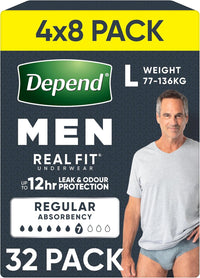 32 Count (4 x 8 Pack)  Depend Real Fit Incontinence Underwear Men